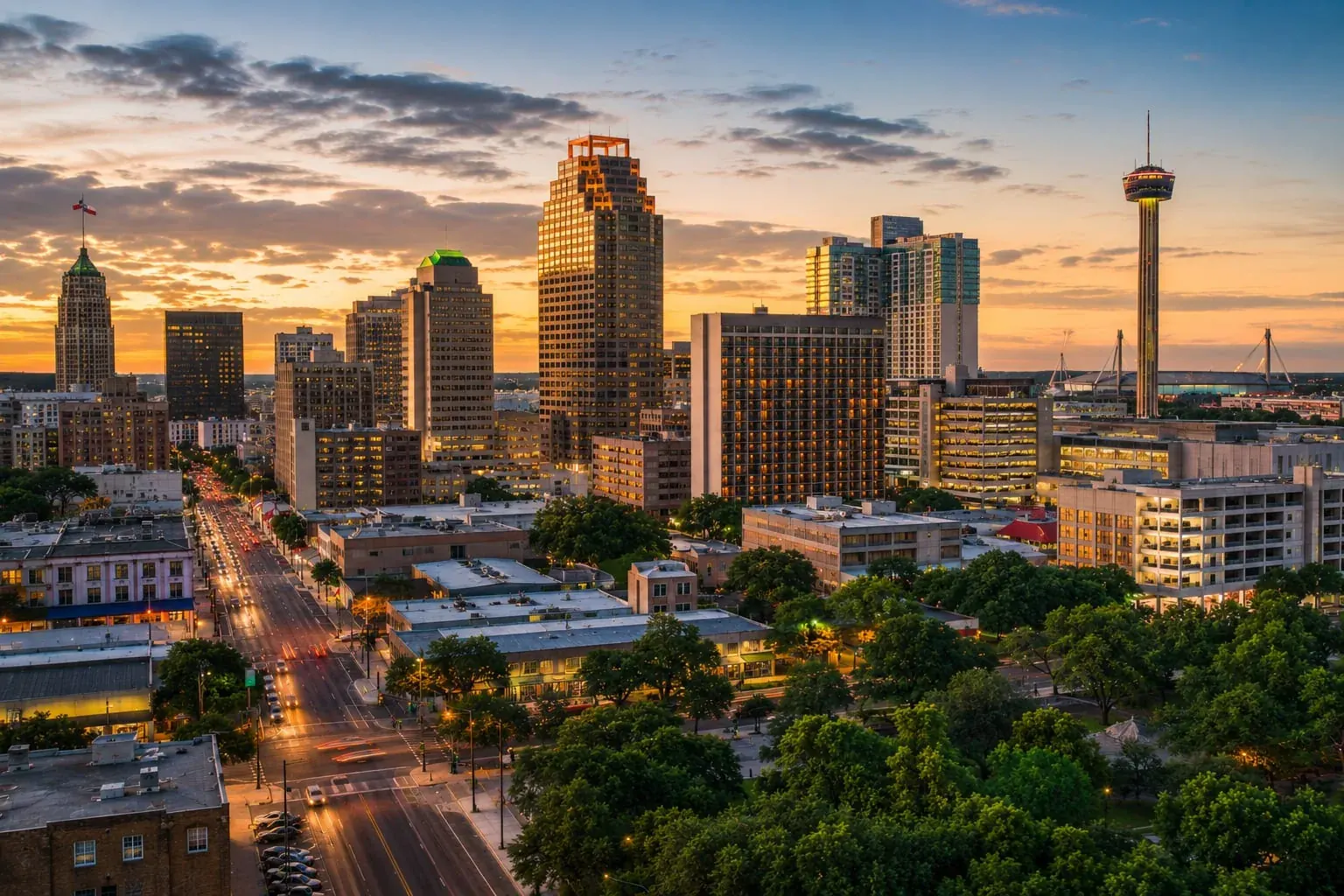 Downtown San Antonio skyline at sunset with the Tower of the Americas