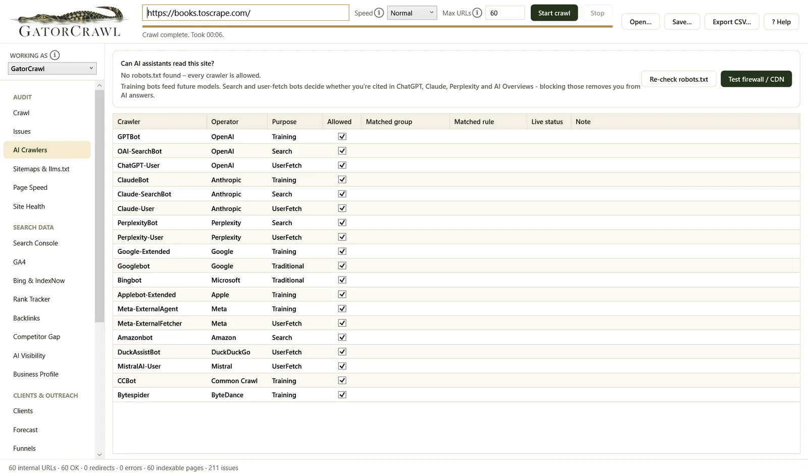 GatorCrawl SEO: AI crawler audit: who can read the site