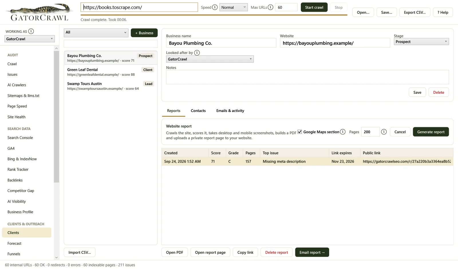 GatorCrawl SEO: Clients and private website reports