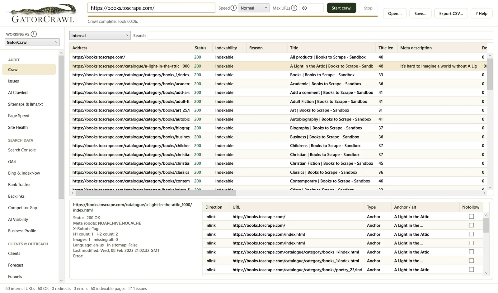 GatorCrawl SEO: Crawl: every URL with status, indexability, and title