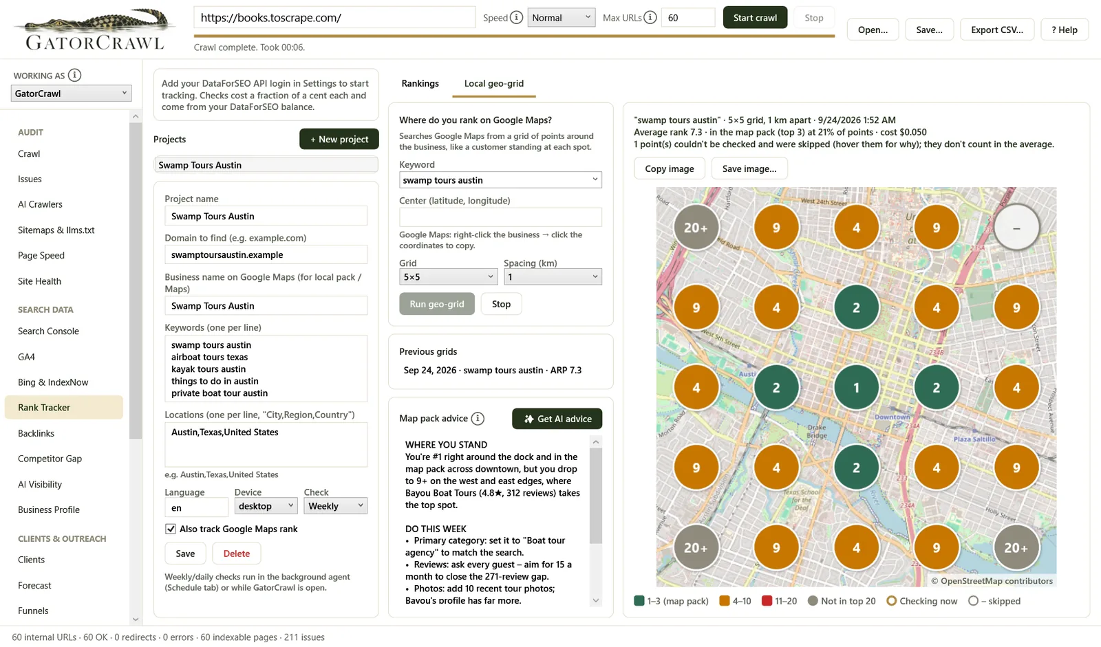 GatorCrawl SEO: Google Maps geo-grid with map pack advice