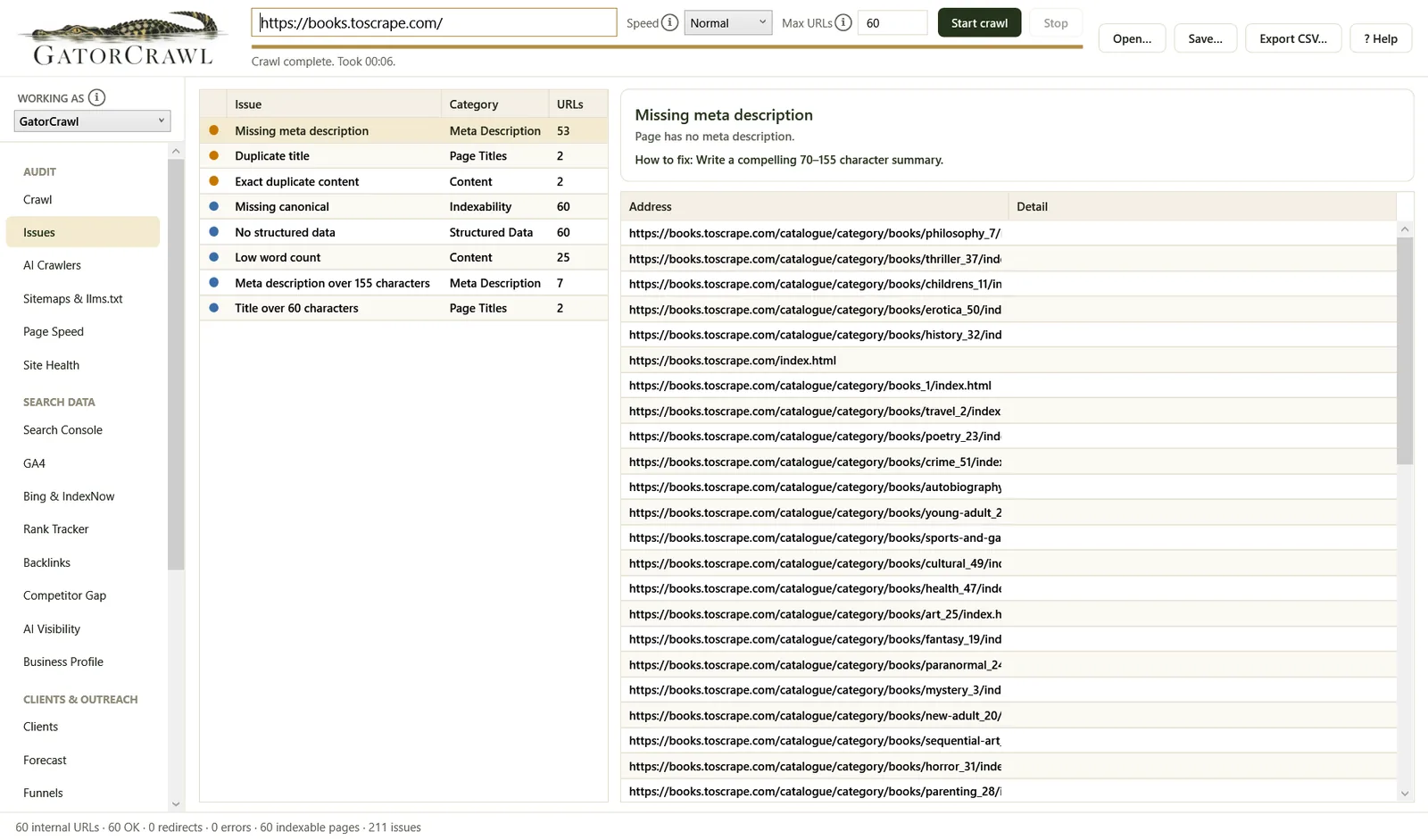 GatorCrawl SEO: Issues: grouped, counted, with a fix for each