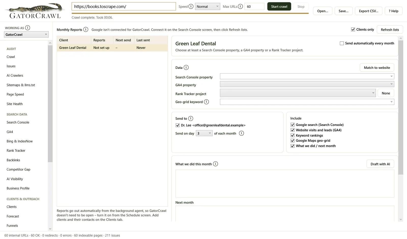 GatorCrawl SEO: Monthly client reports, sent automatically