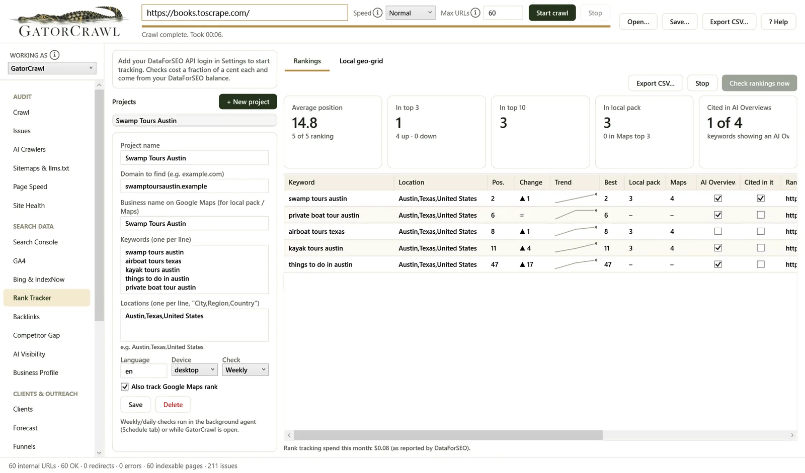 GatorCrawl SEO: Rank tracker: positions, map pack, AI Overviews