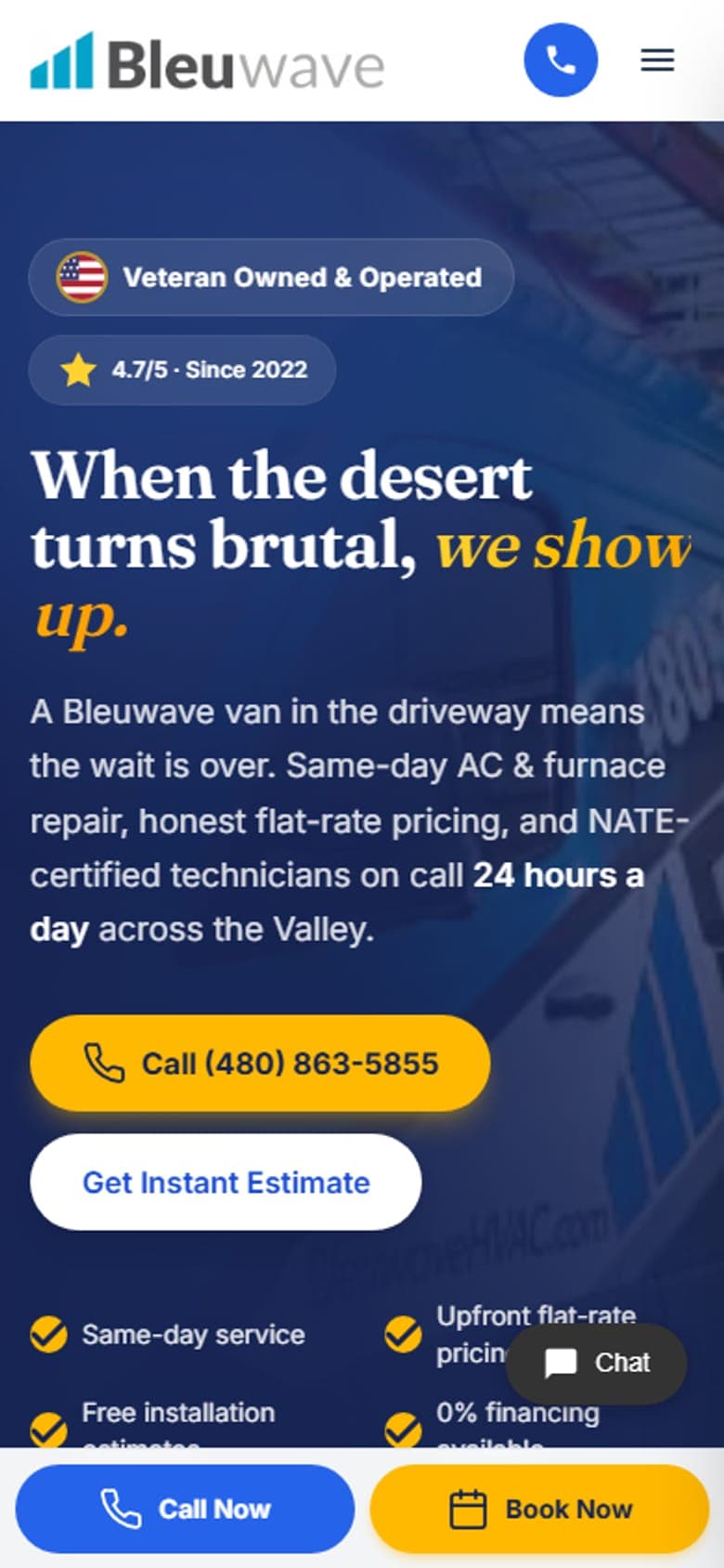 Bleuwave HVAC website on a phone