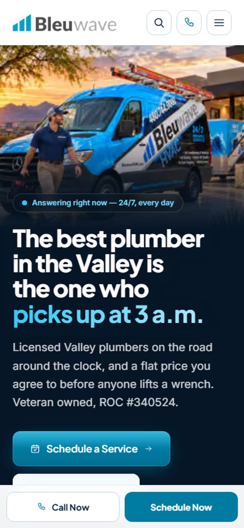 Bleuwave Plumbing website on a phone