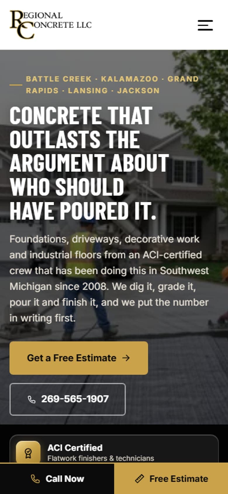 Regional Concrete LLC website on a phone