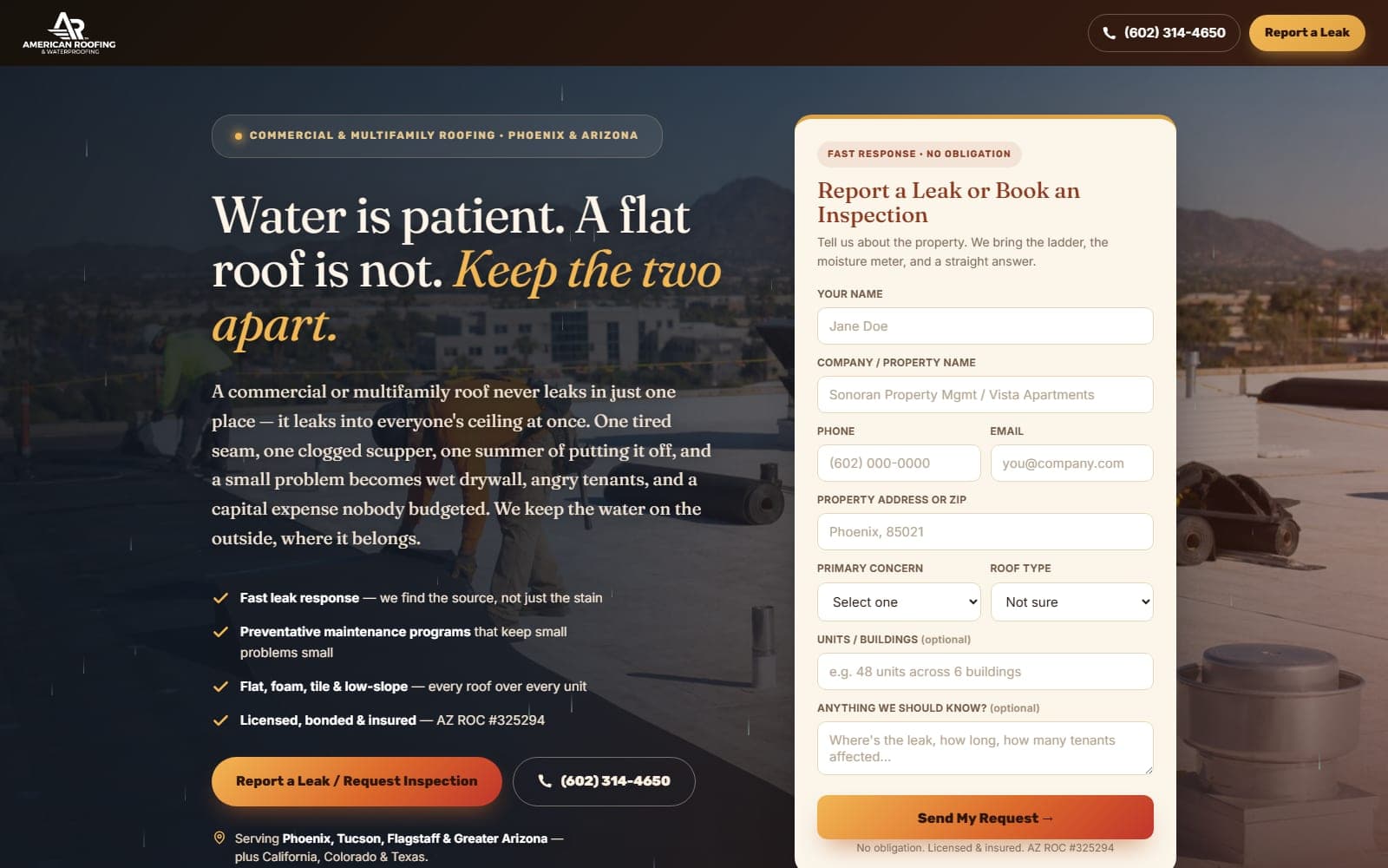 Commercial & Multifamily Roofing website screenshot