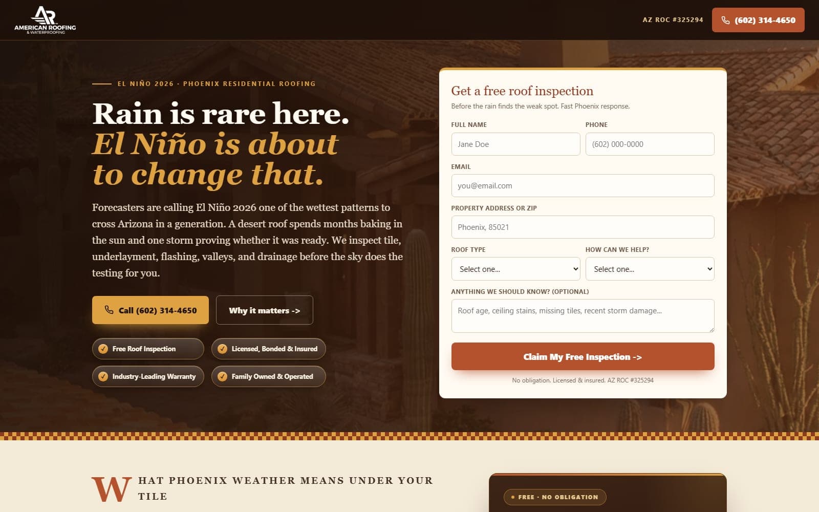 El Niño Roof Inspection website screenshot