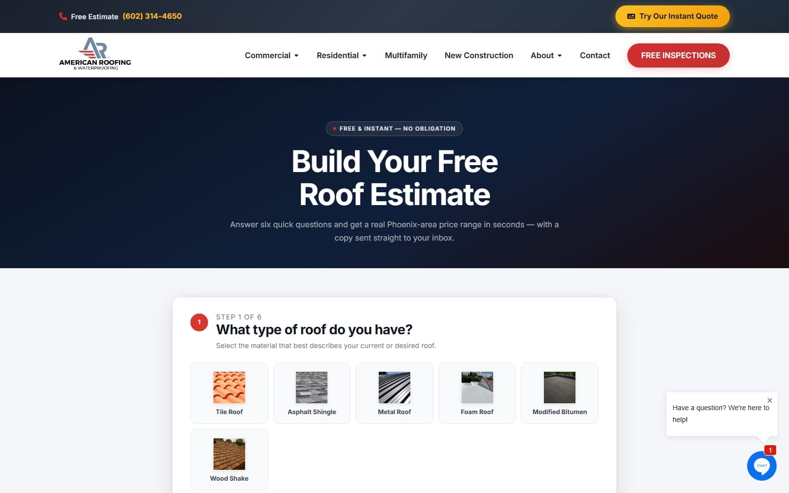 Instant Roof Estimate Tool website screenshot