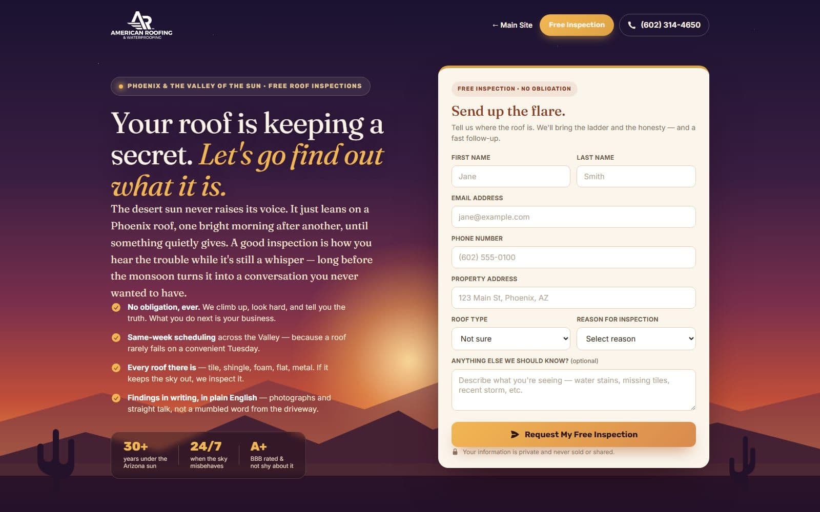 Free Roof Inspection website screenshot