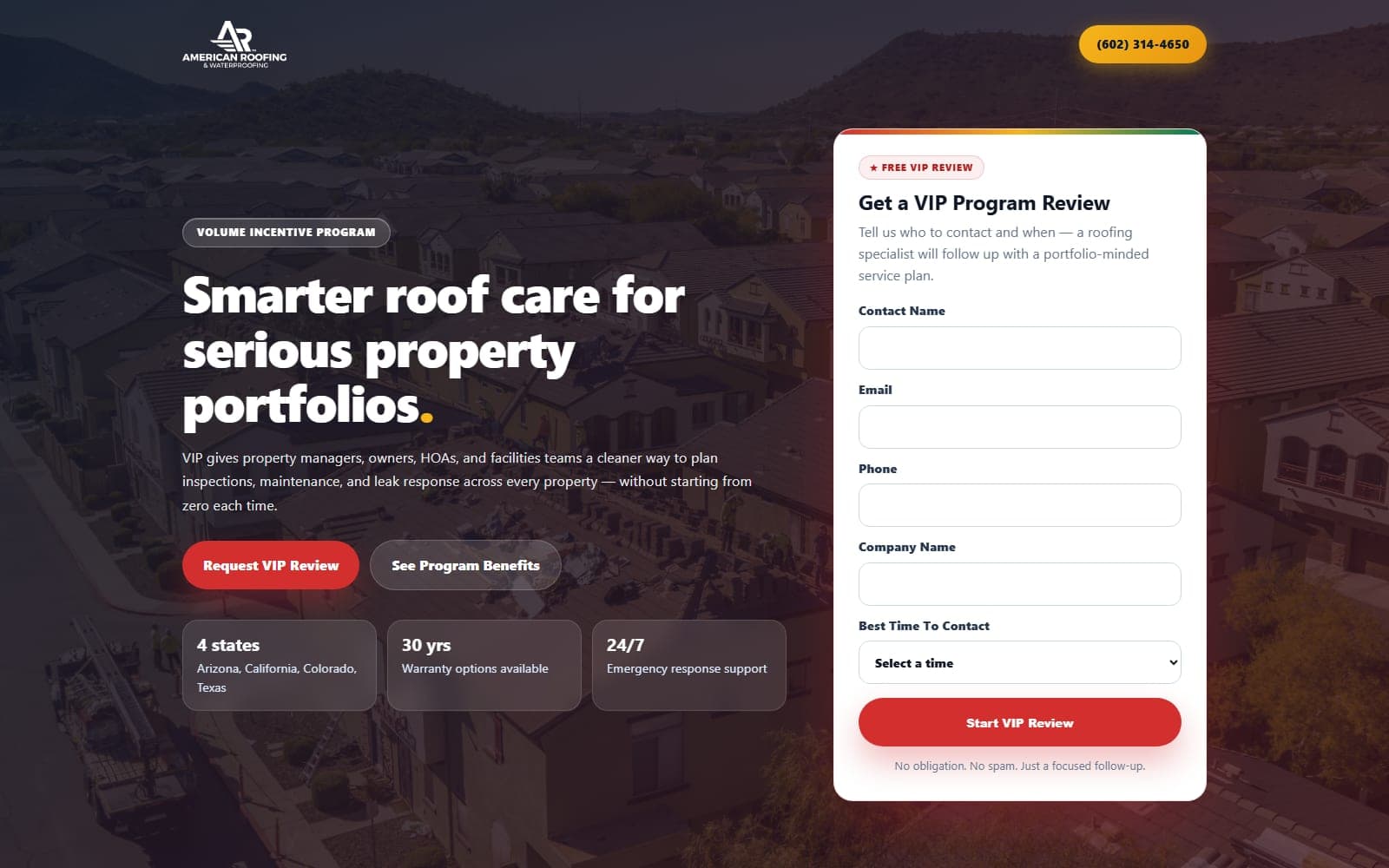 Roofing VIP Program website screenshot