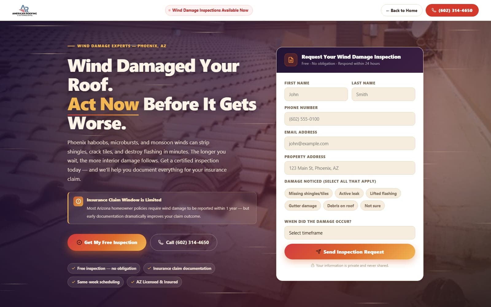 Wind Damage Inspection website screenshot