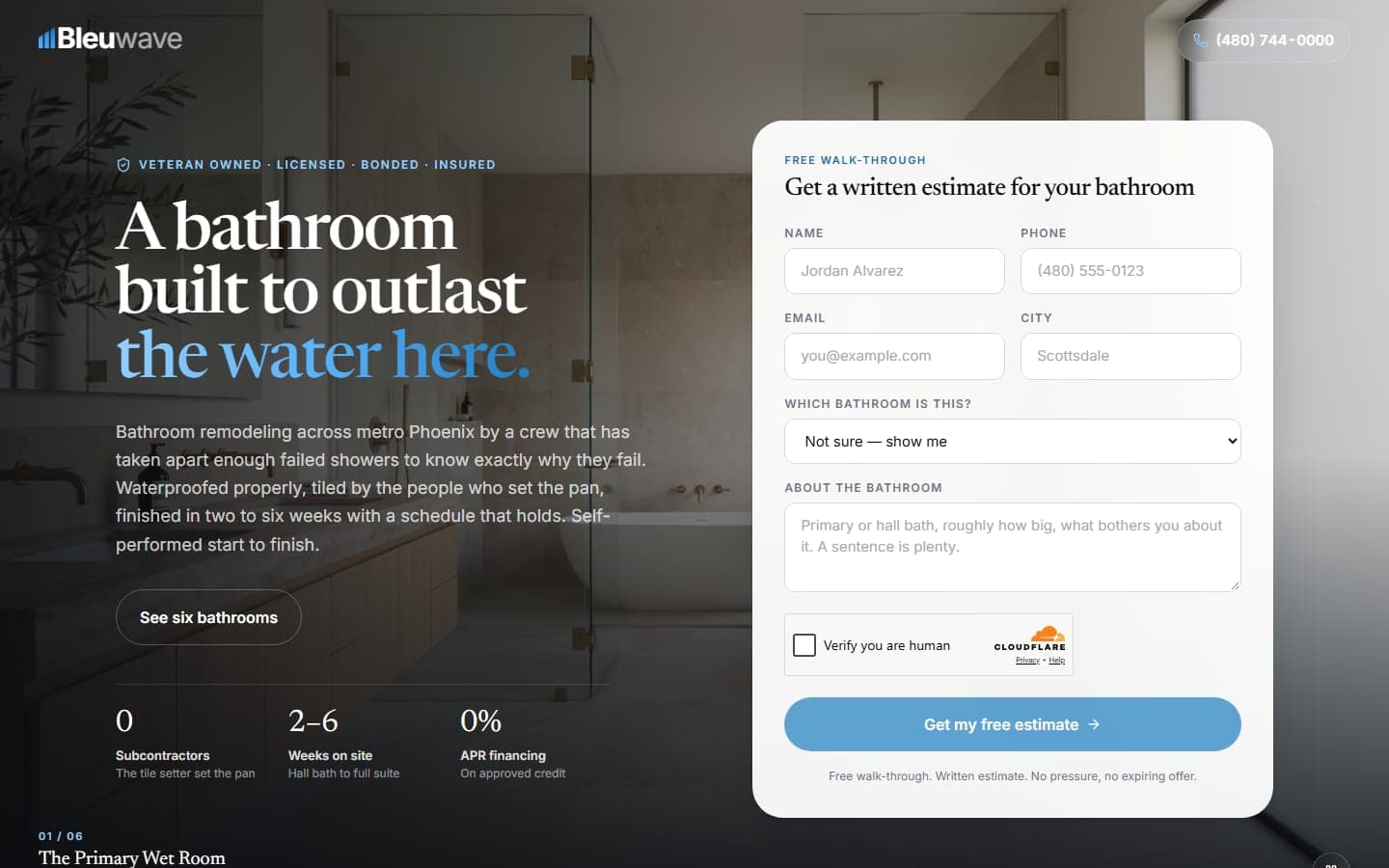 Bleuwave Bathroom Remodeling — Google Ads Landing Page website screenshot
