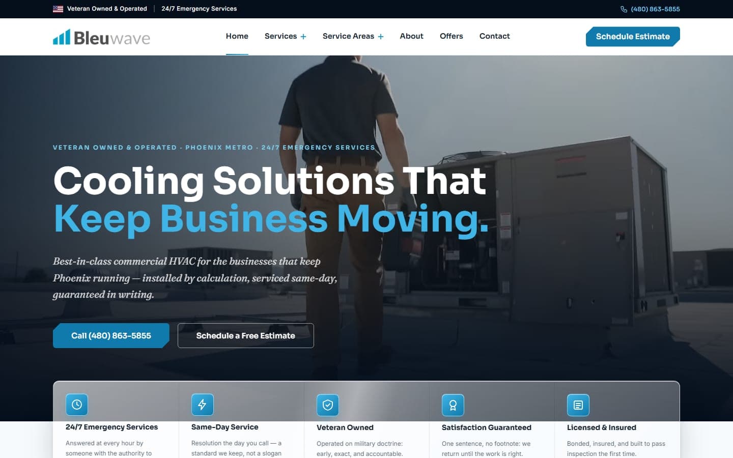 Bleuwave Commercial HVAC website screenshot