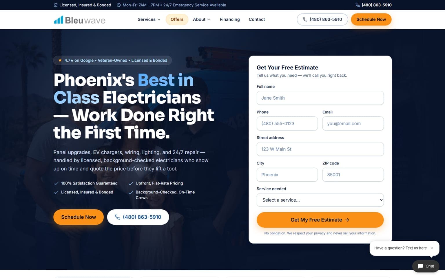 Bleuwave Electrical — Redesign & Savings Calculator website screenshot