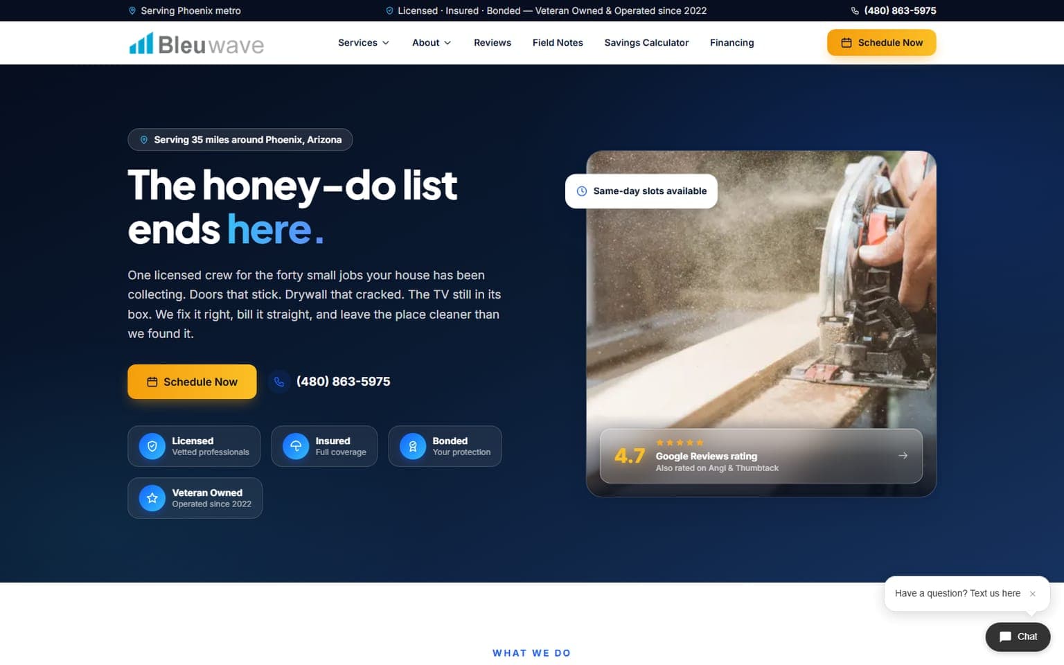 Bleuwave Handyman — Redesign & Savings Calculator website screenshot