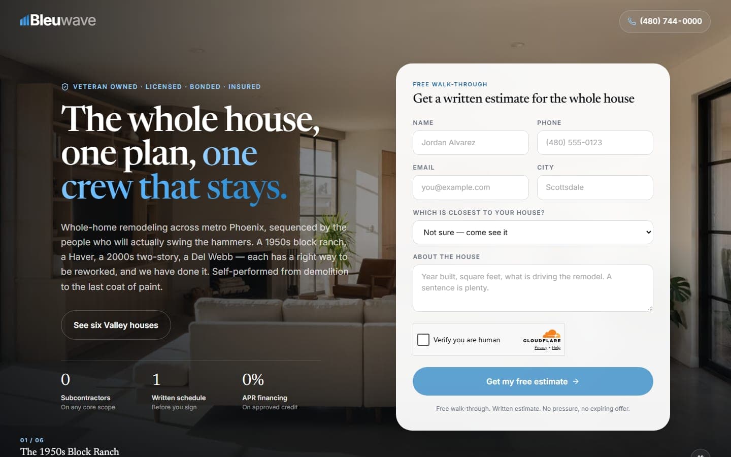 Bleuwave Whole-Home Remodeling — Google Ads Landing Page website screenshot