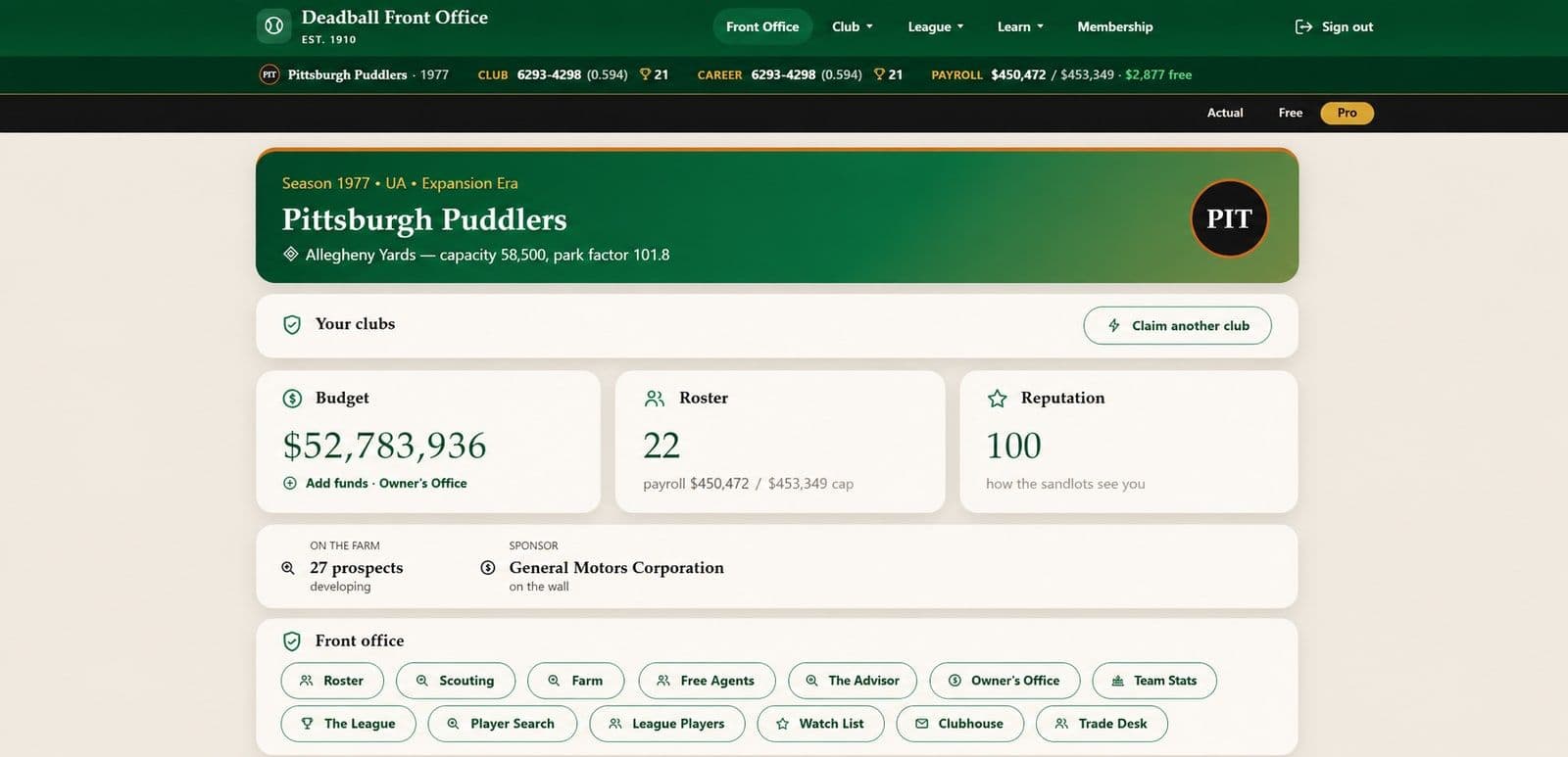 Deadball Front Office website screenshot