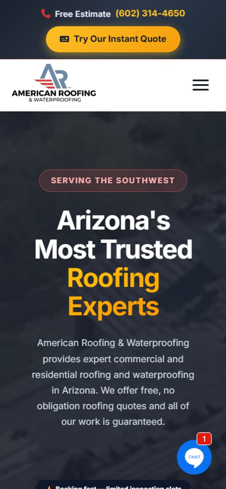 American Roofing & Waterproofing website on a phone
