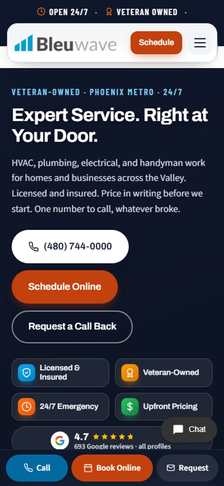 Bleuwave Home Services website on a phone
