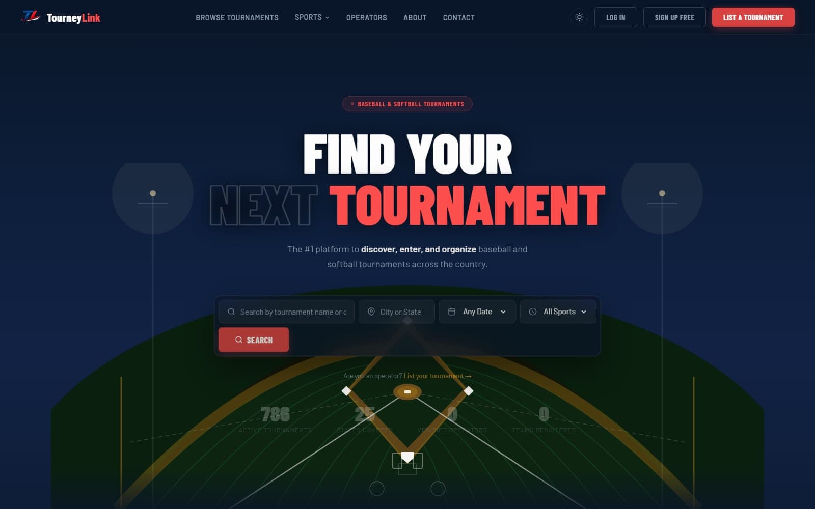 TourneyLink — Baseball & Softball Tournaments website screenshot